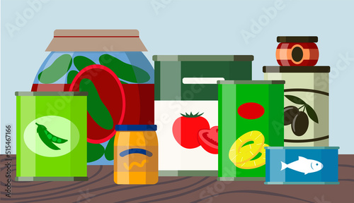 Set Of Canned Grocery. Concept Vector Illustration With Vegetables And Fruits In Flat Style