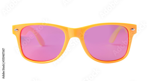 New stylish sunglasses with yellow frame isolated on white