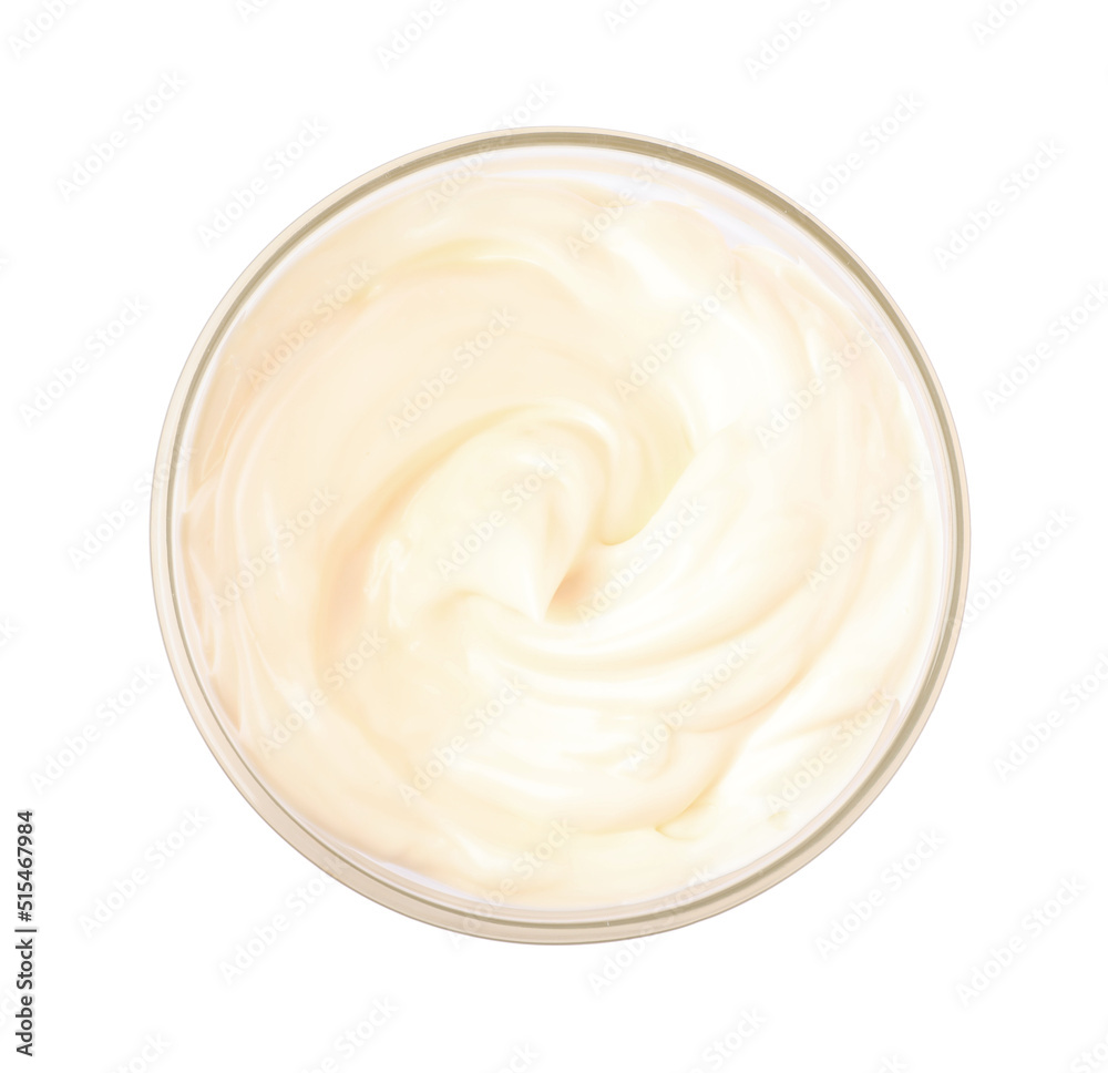Tasty mayonnaise in glass bowl isolated on white, top view Tasty mayonnaise in glass bowl isolated on white, top view