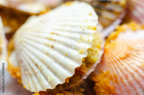 Mini coquilles St. Jacques, Natural scallop shells filled with Patagonian scallops and Thermidor sauce topped with a ciabatta breadcrumb topping photo