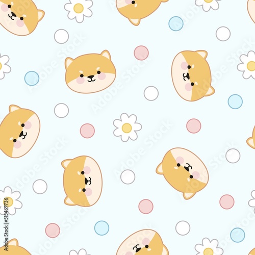 Seamless pattern of cute siba faces, flowers and dots on a blue background.