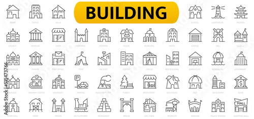 Building icons set. Bank, hotel, courthouse, home, villa, church, hospital, town house, museum and more buildings line icon. photo