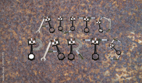 The inscription Auto parts made from car parts on a background of rusty iron
