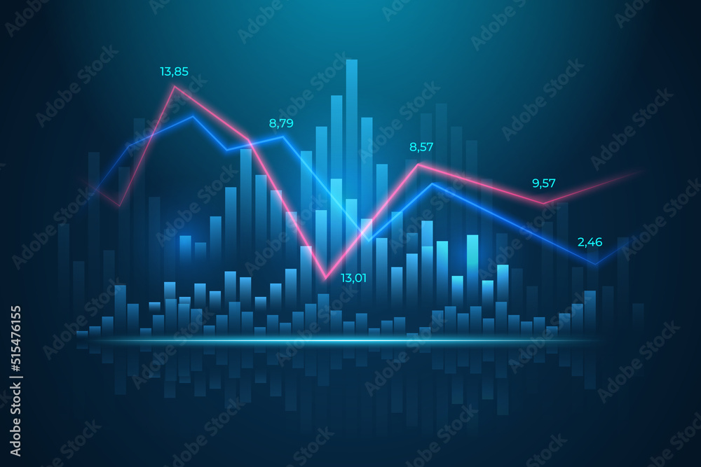 Glowing vector chart of investment financial data. Infographic elements with glowing elements and mirror effect