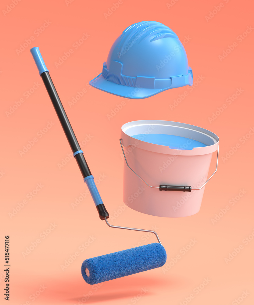 Fototapeta premium Set of safety helmet, bucket with paint rollers and brushes on orange background