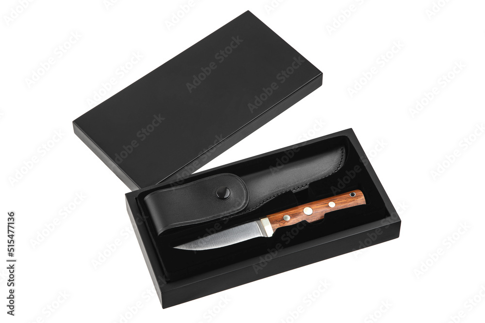 Modern hunting knife with silver blade and rubber handle. Steel arms. Isolate on a white back Modern hunting knife with silver blade and rubber handle. Steel arms. Isolate on a white back