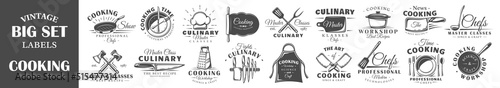 Set of vintage cooking labels. Templates for the design of logos and emblems. Collection of cooking symbols: pan, hat, rolling pin. Vector illustration
