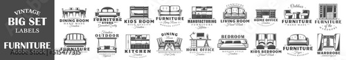 Set of vintage furniture labels. Templates for the design of logos and emblems. Collection of furniture symbols: sofa, table, bed. Vector illustration