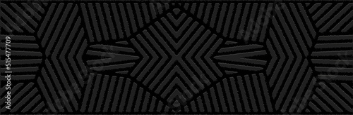 Banner, vintage cover design. Embossed ethnic 3D pattern of stripes and lines on a black background in art deco style. Tribal geometric ornaments of East, Asia, India, Mexico, Aztecs, Peru.