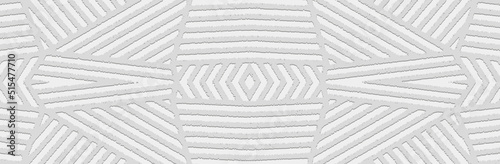 Banner, vintage abstract cover design. Embossed ethnic 3D pattern of stripes and lines on a white background in art deco style. Tribal geometric ornaments of East, Asia, India, Mexico, Aztecs, Peru.