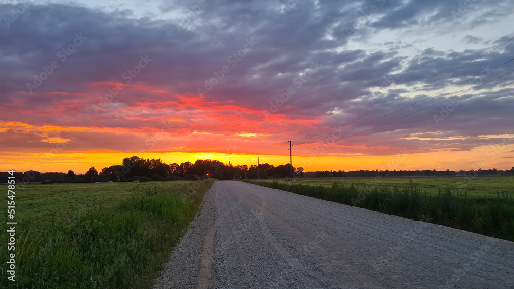 beautiful sunset on a dirt road on a summer evening