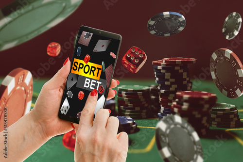 inscription your bet wins on a smartphone on the poker table. Bets, sports betting, bookmaker. Mixed media. photo