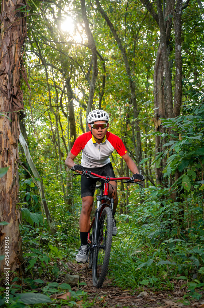 Fototapeta premium Mountain bikers ride MTB, mountain bike downhill to the extreme. Asian man rides MTB, mountain bike downhill in the wild to extremes. Extreme Sport and MTB, mountain bike downhill Concept.