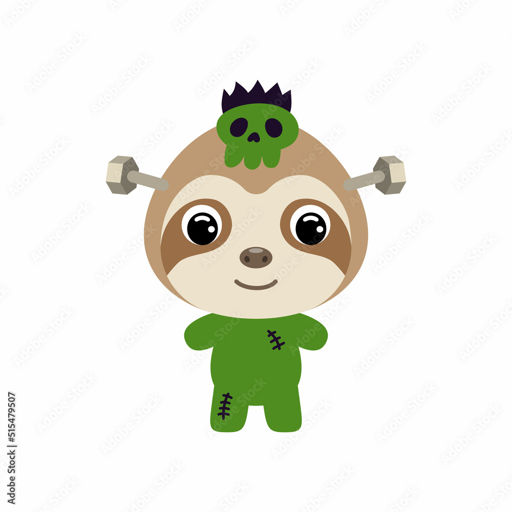 Cute little Halloween sloth in a Frankenstein costume. Cartoon animal character for kids t-shirts, nursery decoration, baby shower, greeting card, invitation. Vector stock illustration