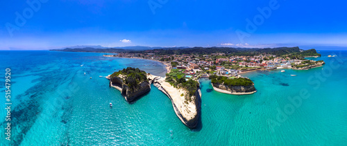Corfu island nature sea scenery. Panoramic aerial view of stuning bay of Sidari, popular tourist resort with beautiful rock formation and famous Canal D'Amour