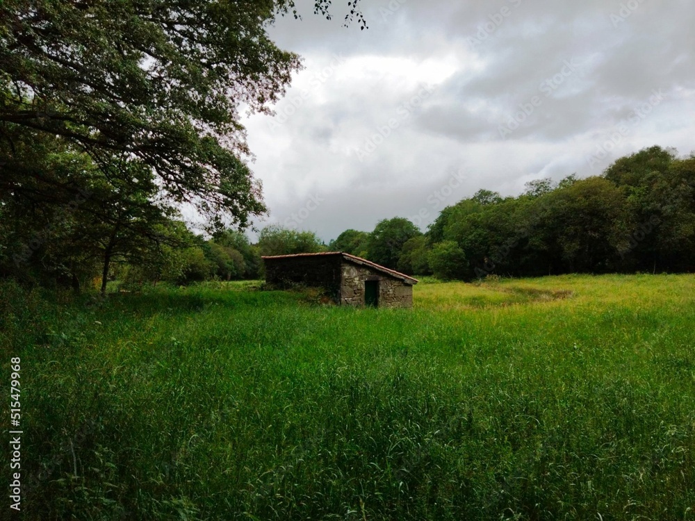 Caseta en una pradera del rural de Galicia Caseta en una pradera del rural de Galicia