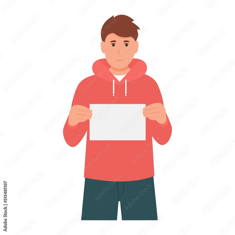 Happy smiling man displaying white blank placard, mockup for design. Positive  guy with empty advertising banner, copy space.Teenage boy shows a poster. Vector illustration isolated
