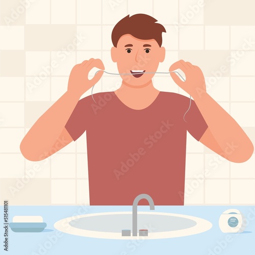 Man brushes teeth with dental floss in bathroom. Smiling mouth with healthy teeth. Oral hygiene and daily routine concept. Vector illustration in flat style