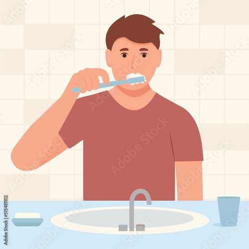  Man  brushing teeth with toothbrush.