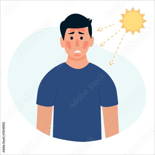 Man with sunburn on his face. UV radiation damage skin in hot summer day. Health of the skin. Vector illustration