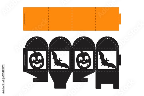 Halloween treat box with scary pumpkin. Jack-o-lantern facial gift party packaging for sweet, candies, small present, bakery. Simple package die cut template for laser cut. Vector stock illustration