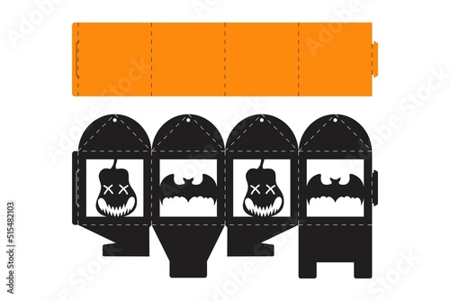 Halloween treat box with scary pumpkin. Jack-o-lantern facial gift party packaging for sweet, candies, small present, bakery. Simple package die cut template for laser cut. Vector stock illustration