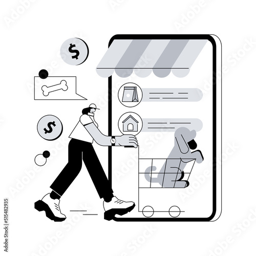 Animals shop abstract concept vector illustration. Animals supplies online, pet goods e-shop, buy a puppy, medicine and food, accessories for pets, grooming cosmetics website abstract metaphor.