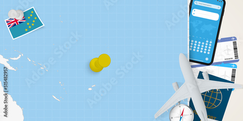 Travel to Tuvalu concept, map with pin on map of Tuvalu. Vacation preparation map, flag, passport and tickets. photo