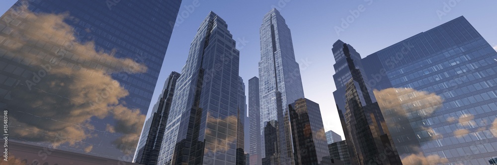 Skyscrapers, high-rise buildings, skyscrapers sky view, modern buildings against the sky with clouds, 3d rendering Skyscrapers, high-rise buildings, skyscrapers sky view, modern buildings against the sky with clouds, 3d rendering