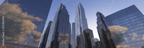 Skyscrapers, high-rise buildings, skyscrapers sky view, modern buildings against the sky with clouds, 3d rendering