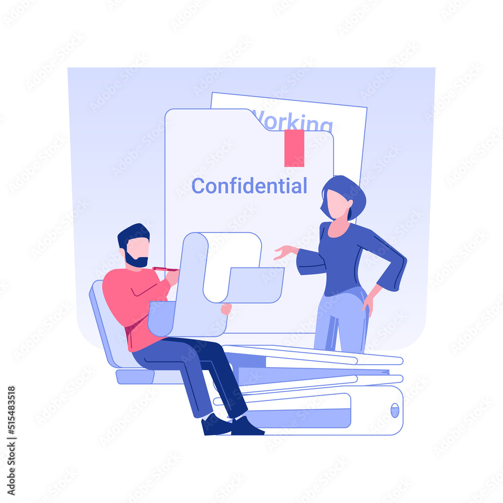 Non-disclosure agreement isolated concept vector illustration. Employee signs NDA agreement, non-disclosure contract, company documentation, corporate business paperwork vector concept. Non-disclosure agreement isolated concept vector illustration. Employee signs NDA agreement, non-disclosure contract, company documentation, corporate business paperwork vector concept.