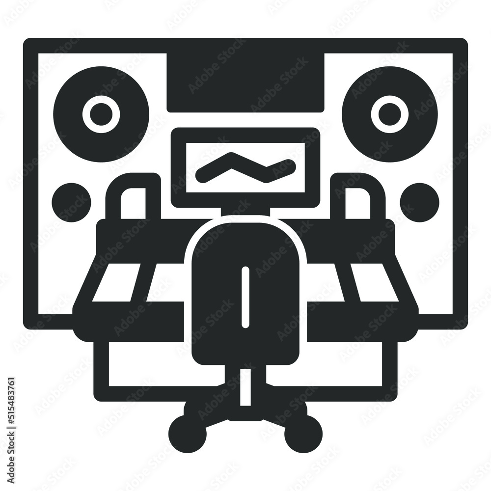 Recording studio with work slot and chair, sound engineer work place - vector sign, web icon, illustration on white background, glyph style Recording studio with work slot and chair, sound engineer work place - vector sign, web icon, illustration on white background, glyph style