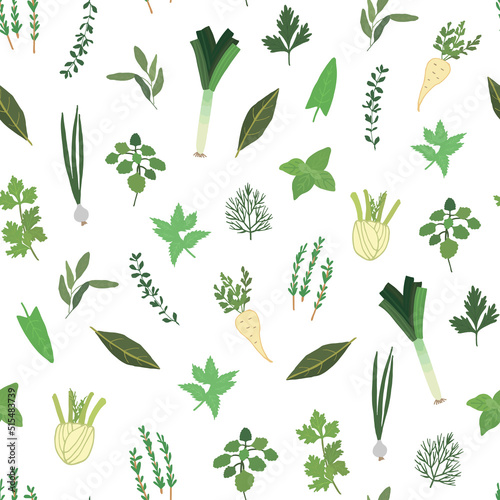 Green herbs and spices vector seamless pattern