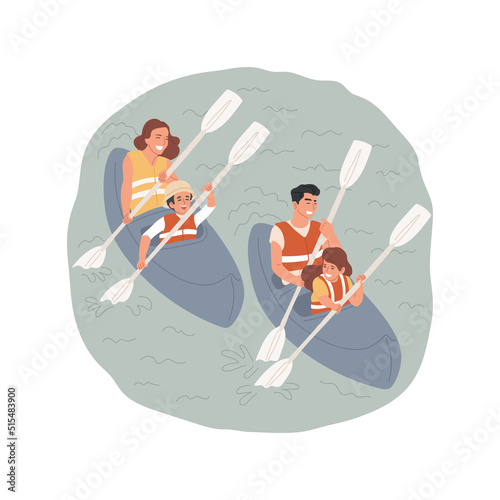 Kayaking isolated cartoon vector illustration. Father and mother sitting in two kaykaks together with kids, family travel, wearing lifejacket, lake kayaking, summer holiday vector cartoon.