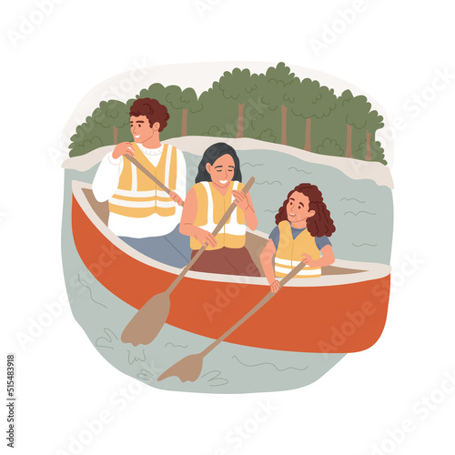 Canoeing isolated cartoon vector illustration. Parents and kids sit in canoe, holding paddle, family canoeing at lake, summer vacation, wearing lifejacket, adventure in nature vector cartoon.