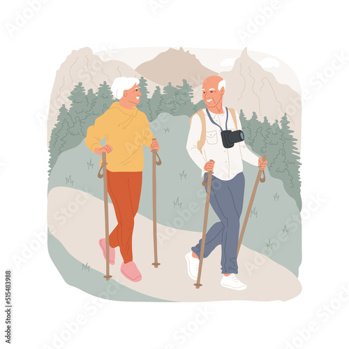 Elderly couple hiking isolated cartoon vector illustration. Active elderly couple walking in nature, grandparents with hiking sticks, family tourism, mountain trekking adventure vector cartoon.