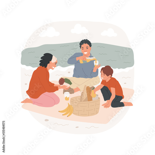 Picnic on seashore isolated cartoon vector illustration. Happy family members sitting on blanket on sand, food in picnic basket, travel to the seaside, lunch at the beach vector cartoon.