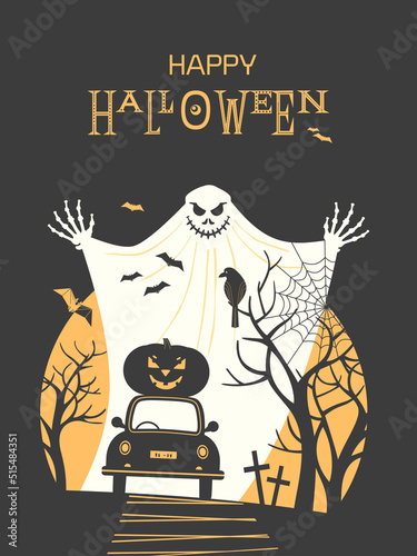 Happy Halloween holiday fancy minimalist vector poster. Cute scary spooky sign pumpkin, ghost, bats illustration. Black orange color Halloween greeting card. 31 October celebration banner background