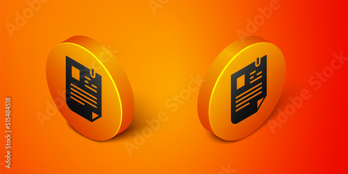 Isometric Resume icon isolated on orange background. CV application. Searching professional staff. Analyzing personnel resume. Orange circle button. Vector