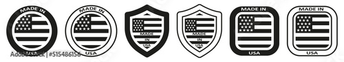 Set of made in usa icon. Made in usa label, quality american stamp. Us flag, american product logo, shields, circles, squares. Label flag manufactured america. Vector.