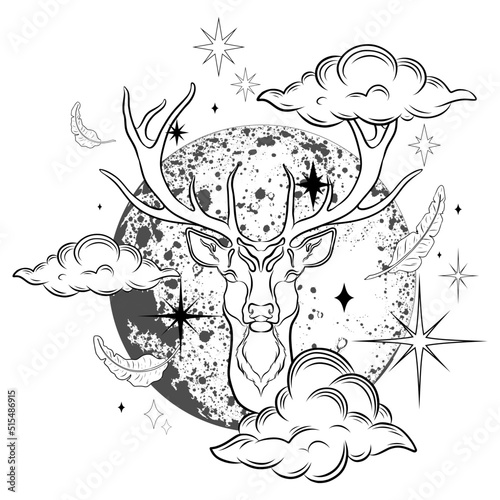 Mystical magic deer with celestial symbols on white background. Hand drawn vector deer head with full moon, stars, and clouds for prints, posters and fantasy or esoteric design. Animal spirit art