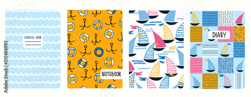Set of cover page templates with sailing boats, night cosmic sky, and spiral lines as handwriting imitation. Based on seamless patterns. Headers isolated and replaceable.