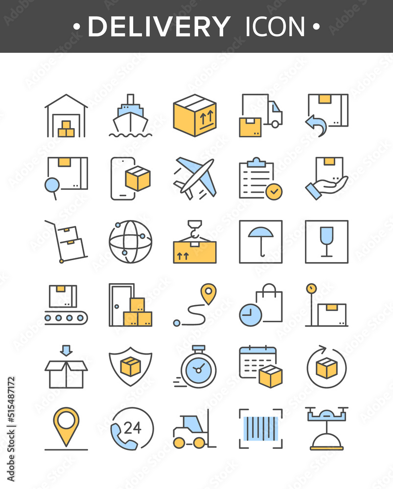 Shipping and delivery icons. Vector set of thin line icons with logistic, shipping and customer service, package protection, return, tracking. Symbol collection for web, application, food delivery