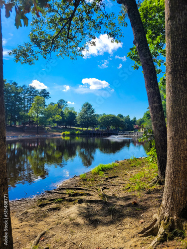 a gorgeous summer landscape in the park with a lake and a water fountain surrounded by lush green trees, grass and plants with blue sky and clouds at Dupree park in Woodstock Georgia USA photo