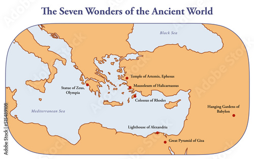 Map with the seven wonders of the ancient world