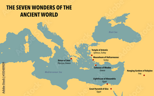 Map with the seven wonders of the ancient world photo
