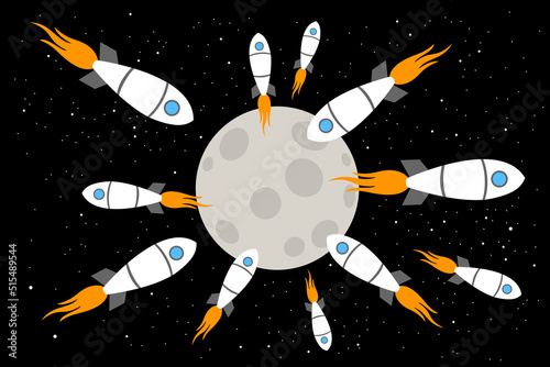 Heavy traffic to the Moon - mass space tourism in the cosmos and universe. Rocket and spacecraft are landing on the lunar land. Vector illustration.