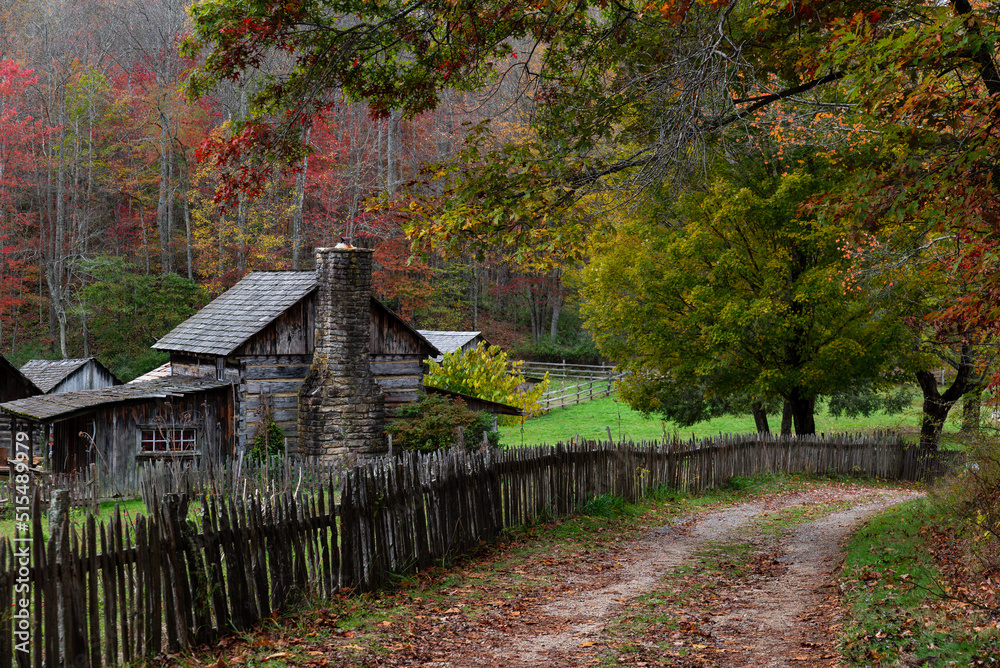 Rustic and Traditional Log Cabin Residence and Farm + Wood Picket Fence in Autumn - Twin Falls Resort State Park - Appalachian Mountain Region - West Virginia Rustic and Traditional Log Cabin Residence and Farm + Wood Picket Fence in Autumn - Twin Falls Resort State Park - Appalachian Mountain Region - West Virginia