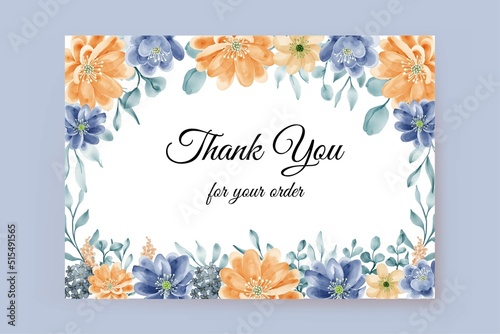 Printthank you card with flower blue orange frame background
