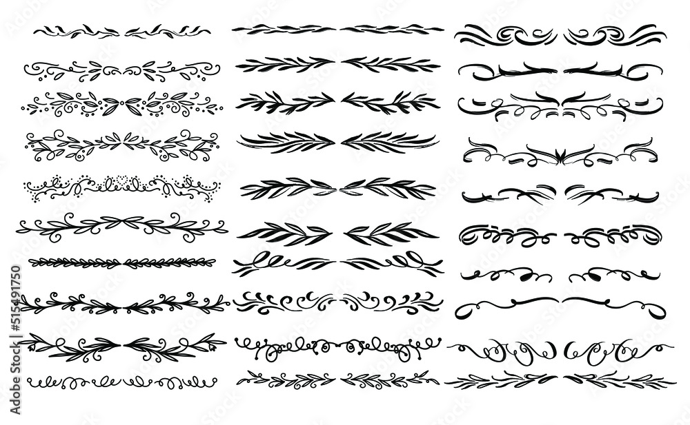 Hand Drawn Calligraphic Dividers Set. Elegant Swirl Design Element. Vector Labels and Filigrees.